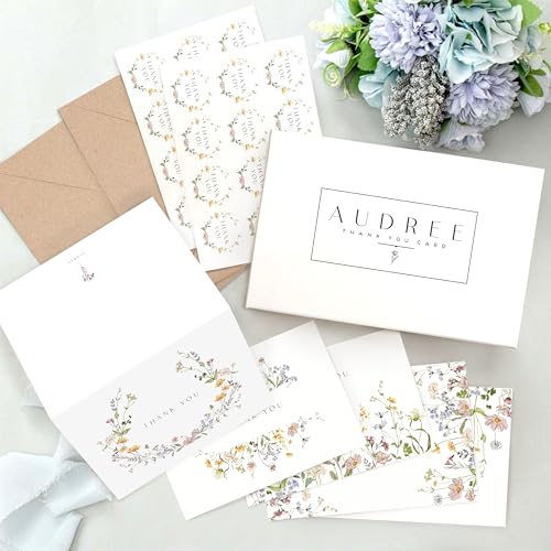 AUDREE Floral Thank You Cards With Envelopes (20 pack 4x6) - Wildflower Thank You Cards With Adhesive Envelope & Stickers...