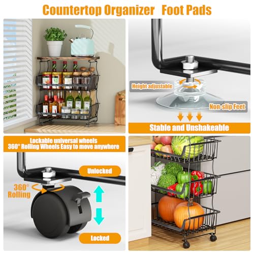 Gsiekare Fruit Vegetable Basket for Kitchen, 5 Tier Stackable Fruit Vegetable Storage Baskets with Wheels, Metal Wire Stor...