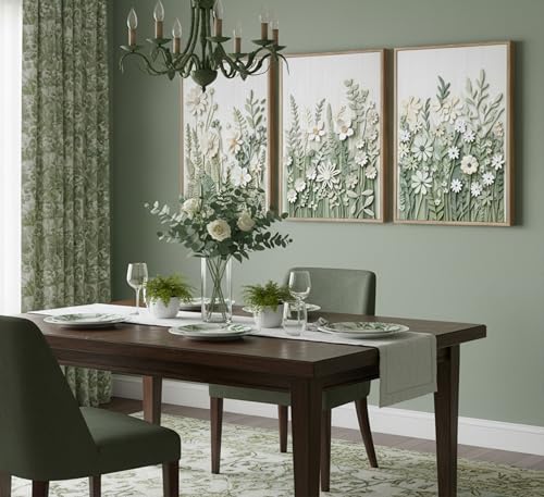 3 Pcs Sage Green Wildflowers Canvas Wall Art Neutral Minimalist Abstract Boho Floral Botanical Painting Pictures Wall Deco...