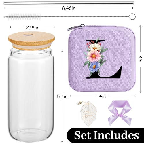AYGXU Glass Cups with Bamboo Lids and Straws, 16oz, Small Travel Jewelry Case, Initial Glass Cup, Travel Jewelry Organize...