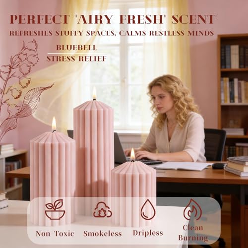Pink Ribbed Pillar Candle Set of 3 - Wild Bluebell Scented Soy Wax Candle,Aesthetic Decorative Textured Pillar for Home De...