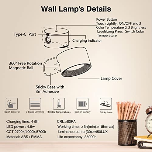 Koopala LED Sconces, Wall Mounted Lamps with Rechargeable Battery Operated USB Port 3 Color Temperatures & 3 Brightness Le...