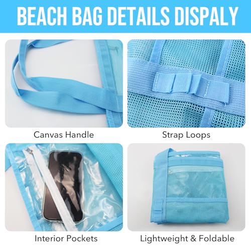 ASBEFORE Large Mesh Beach Tote Bag, 9-Pocket Foldable Summer Vacation Beach Bag for Travel, Pool, Gym, Cruise