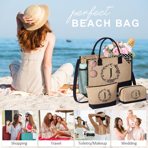 Personalized Gifts for Women Tote Bag, Initial Jute Tote Bag & Makeup Bags Monogrammed Beach Bag w/ Zipper, Mothers Day Bi...