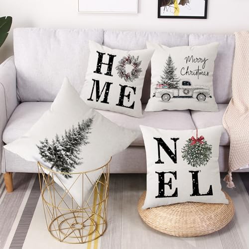 Coeufuedy Christmas Pillow Covers - 18x18 Inch Set of 4 Home Noel Truck Tree Holiday Cushion Covers Farmhouse Christmas De...