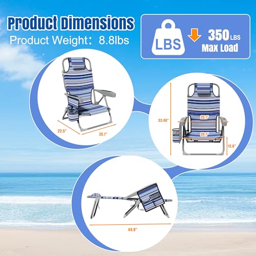 DIAMONDFORGE Lightweight Portable Beach Chair for Adults, 350 LBS Capacity Backpack Beach Chair, Reclining Beach Chair wit...