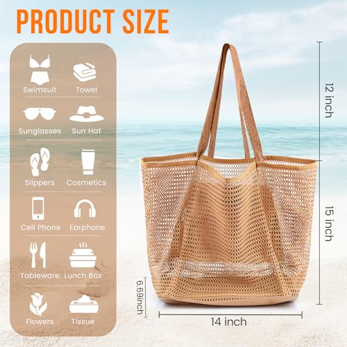 Beach Bags for Women, Summer Travel Mesh Tote Bag with Large Inner Pocket, Sandproof Woven Shoulder Handbag