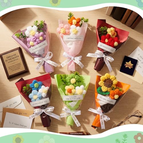 Riceshoot 12 Pcs Inspirational Crochet Gifts Positive Handmade Mini Crochet Flowers Bouquet Thank You Flower Bouquet Appre...