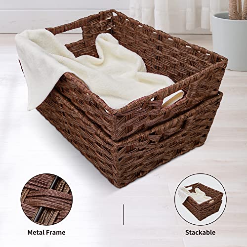 Onlytak Large Wicker Storage Basket, Metal Frame, Set of 2, Washable Waterproof, 15" x 10.3" x 5.2", Brown Color, Woven Ba...