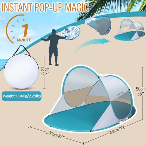 Chihee Pop Up Beach Tent for 1-2 Person Instant Automatic Sun Shelter with UV Protection Silver Coated Fabric Breathable M...