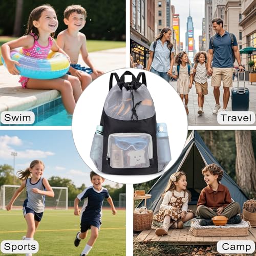 Veious Swim Bag for Kids Mesh Beach Backpack for Boys Lightweight Drawstring Beach Bag Swimming Pool Sports Gym String Bag...