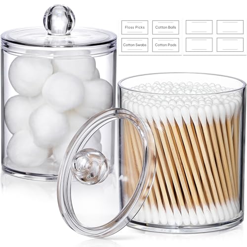 2 Pack Acrylic Qtip Holder Dispenser for Cotton Swabs, Balls, Pads, Floss Picks- Small Clear Plastic Canister Apothecary J...
