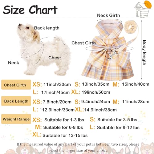 Potchen 4 Pcs Cute Plaid Dog Dress Set with Bow Tie Harness & Leash for Small Dogs, Puppy Clothes for Girls Outfits(S,Ligh...