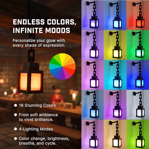 HomeLuvo Pixelated Lantern Night Light Lamp - 16 Color RGB Table or Hanging Pixel Mood Light with Chain - Wall Mountable T...