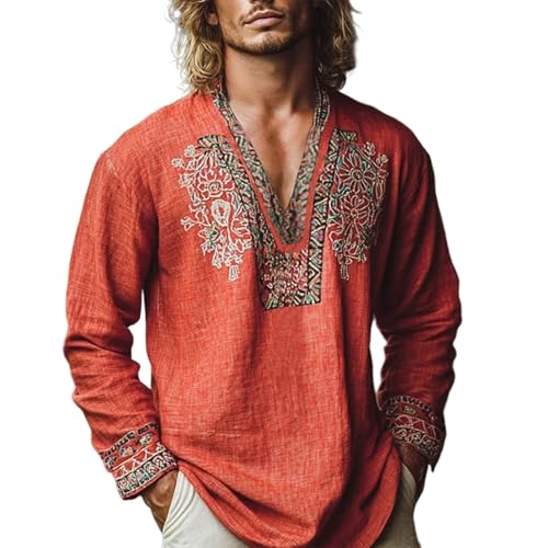 Mens Cotton Shirts Vintage Ethnic Floral Tops Boho V Neck Beach Sweatshirts Trendy Casual Long Sleeve Fall Outerwears