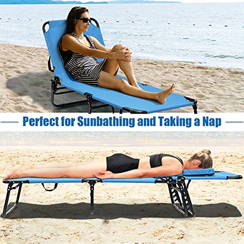 Gotoplay Folding Beach Lounge Chair w/ 5 Adjutable Backrest & Padded Pillow, Sunbathing Lounger Chair, Sun Tanning Lay Fla...