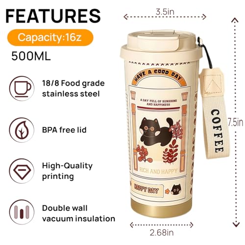 WeiTeTaLuo 16 oz Travel Coffee Mug, 316 Stainless Steel Water Bottle, Cat Insulated Tumbler with Lid and Straw, Leakproof,...