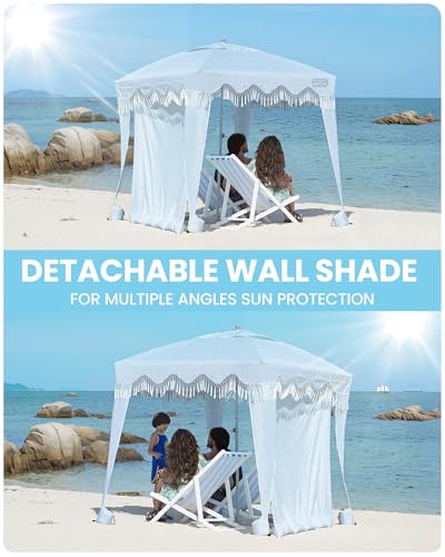 OutdoorMaster Beach Cabana with Fringes, Portable 6' x 6' Beach Canopy for Sand, Easy Set Up Beach Shelter, Included Side ...