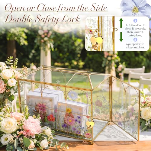 AerWo Glass Wedding Card Box with Lock, Gold Rim Gift Card Box for Wedding with Flower Patterns, Clear Wedding Card Boxes ...