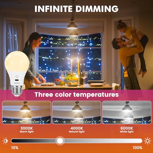 LED Rechargeable Light Bulbs With Remote ＆ Touch Dimmable, E26 Battery Operated Light Bulb for Lamps, RGB 12 Colors, 2600m...