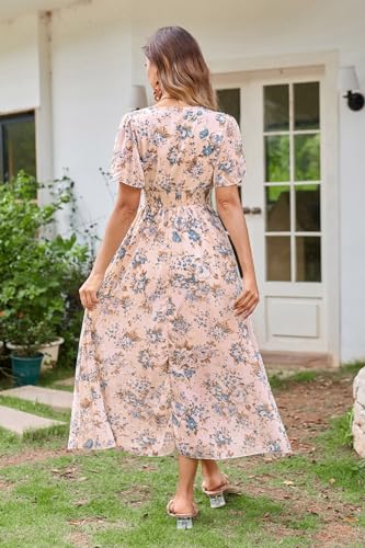 Women's Floral Maxi Dress Flowy V Neck Empire Waist Summer Wedding Guest Party Casual Chiffon Dress