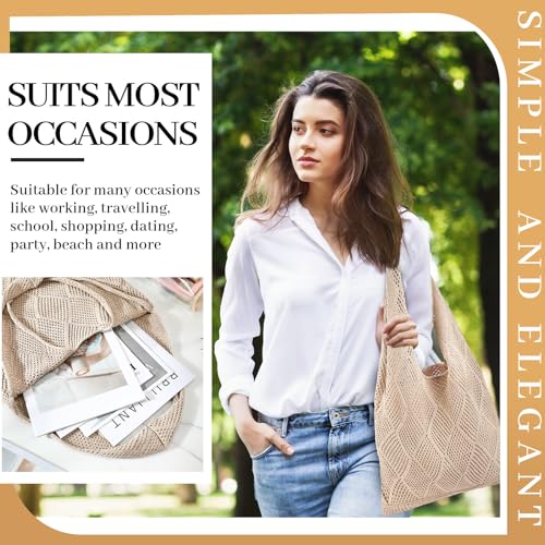 Aliceset 2 Pack Crochet Mesh Beach Tote Bag with Letter Patch Pocket Summer Beach Tote Bohemian Straw Transparent Bag