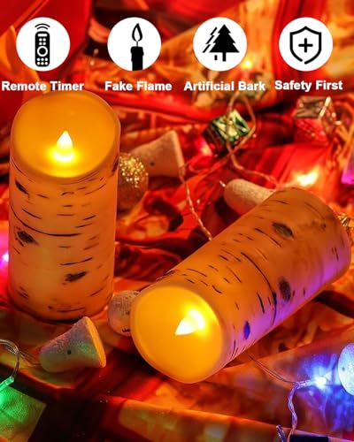 Comenzar Flameless Candles Birch Bark Texture, Flickering Flame Battery Operated LED Candles, Electric Plastic Candles wit...