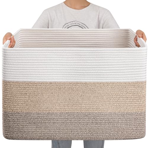 OIAHOMY 108L Super Large Blanket Basket, 25”x16”x16”(108L) Rectangle Woven Baskets for Storage, Cotton Rope Basket For Liv...