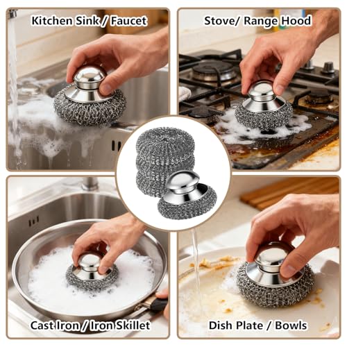 Steel Wool Scrubber, 4-Pack Stainless Steel Scrubber Pads with Handle - The Ultimate Scouring Solution for Rust, Stubborn ...