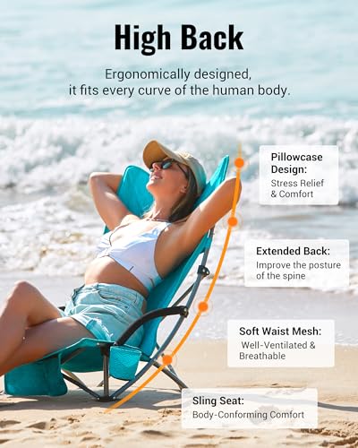 KingCamp Low Beach Chair, High Back Folding Camping Chair for Adults, Oversized Breathable Mesh Seat, 300lbs Heavy Duty Po...