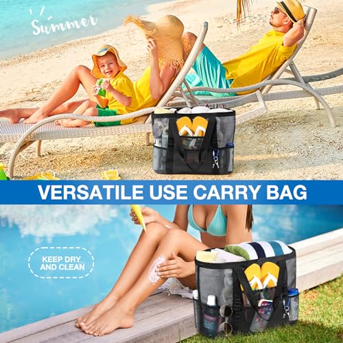 KPX Mesh Beach Bag, Large Beach Tote Bags for Women Foldable Mesh Swimming Pool Bag with Mini Pockets - Sandproof, Waterproof