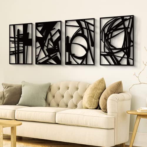 Glamativity 4 Pack Black Abstract Metal Wall Art, Minimalist Décor Single Line Art Wall Décor, 3D Textured Metal Wall Scul...