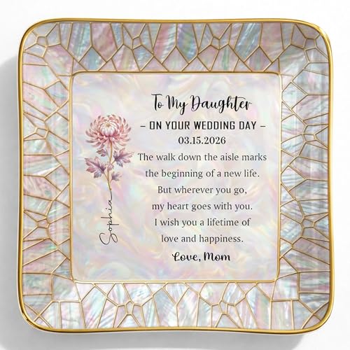 to My Daughter on Your Wedding Day, Personalized Floral Ceramic Jewelry Tray for Daughter from Mom, Custom Birth Flower Tr...