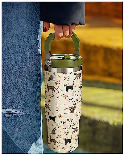 Exacmos 30oz Floral Cat Tumbler with Handle and Straw, Stainless Steel Vacuum Insulated Coffee Tumbler, Travel Mug Water B...