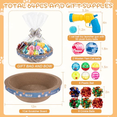 Zopeal 64 Pcs Easter Cat Toy Gift Set Magic Cat Scratcher Board Ball Launcher Gun Crinkle and Yarn and Plastic Bell Ball K...
