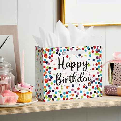 Horaldaily 13" Large Birthday Gift Paper Bags with Tissue Paper and Card, Happy Birthday Dots Streamers Gift Paper Bag for...