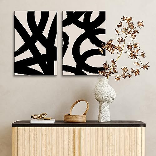 Framed Abstract Wall Art Canvas Set Lines Pictures Modern Mid Century Boho Wall Decor Minimalist Abstract Black Stroke Lin...