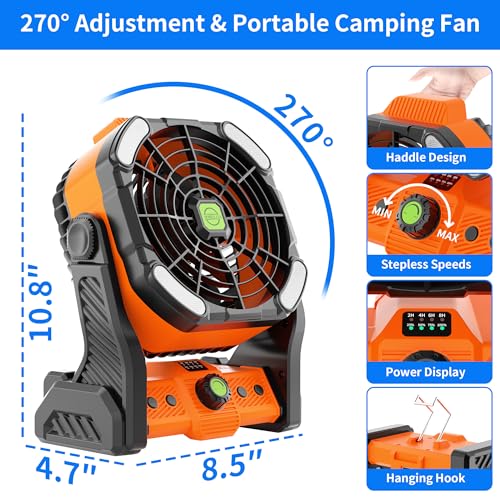 Camping Fan with LED Lantern, Portable Fan Rechargeable Battery Powered Fan for Outdoor Camping Fans, 270°Head Rotation Be...