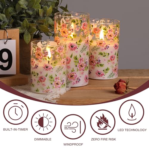 Eywamage Red Rose Floral Flameless Candles with Remote, Flickering Glass LED Pillar Candles Spring Home Decor Set of 3