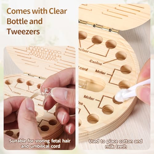 Annhua Tooth Fairy Tooth Holder Wooden Umbilical Cord Keepsake Box, Cute Baby Teeth Keepsake Box with Tweezer and Fetal Ha...