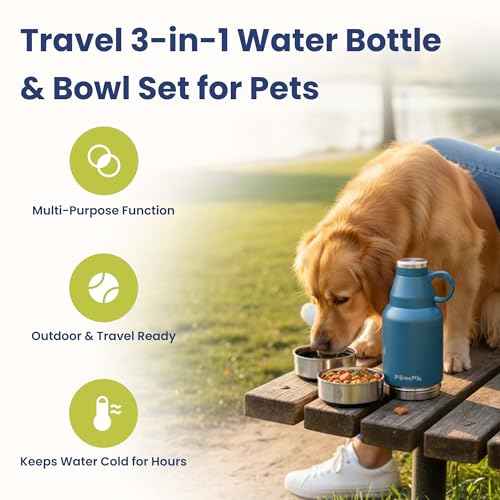 PawsPik 32oz 3-in-1 Travel Dog Water Bottle & Bowl Set – Stainless Steel Vacuum-Insulated Bottle with Detachable Food & Wa...
