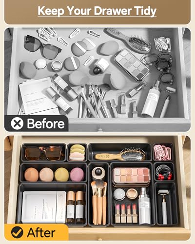 KEMETHY 25 PCS Plastic Drawer Organizers Set, 4 Sizes Vanity Organizer, Makeup and Desk Drawer Organizer Trays, Organizati...