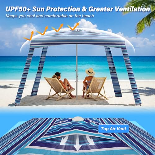 Beach Cabana-6.6x6.6’Beach Canopy with Side Wall,Portable Umbrella Tent with Sand Pockets for Family & Friends,Easy Up Bea...