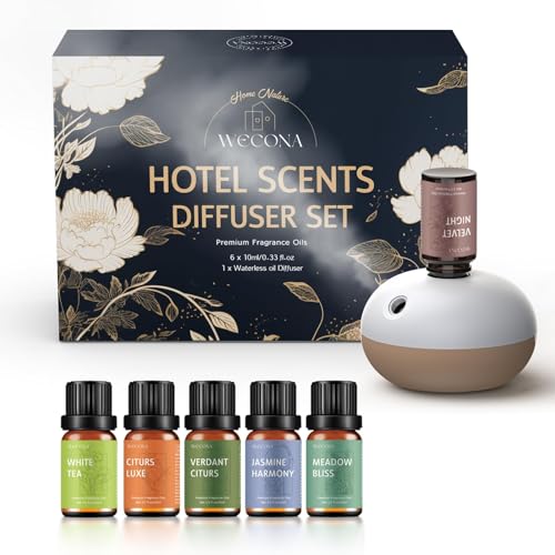 Waterless Rechargeable Scent Diffuser – Hotel Collection Diffuser Set with 6 Hotel Essential Oils – Two Intensity Modes – ...