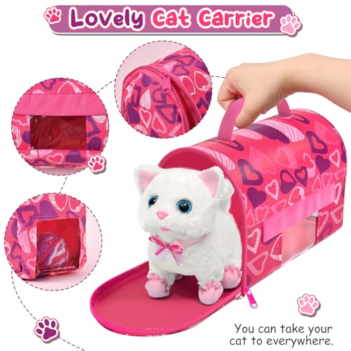 Golray Cat Toys for Kids Girls Gift, Electronic Interactive Plush Toy Cat Can Walk and Meow - 16 Pcs Carrier & Pet Groom F...