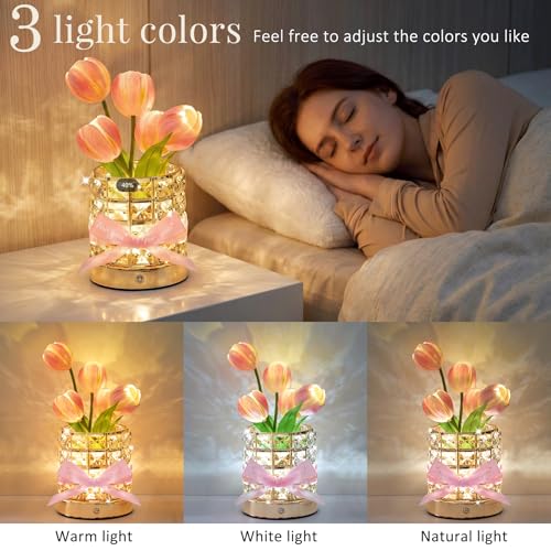 NuuNuy Tulip Flower Lamp, Mothers Day Gifts | USB Rechargeable Cordless Night Light | Touch Control | 3-Color Adjustable D...
