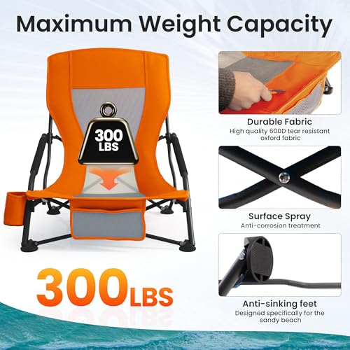 Foristrail Portable Folding Beach Chair for Adults - Lightweight Low Back Sling Chair with Cup Holder & Storage Pocket, 30...