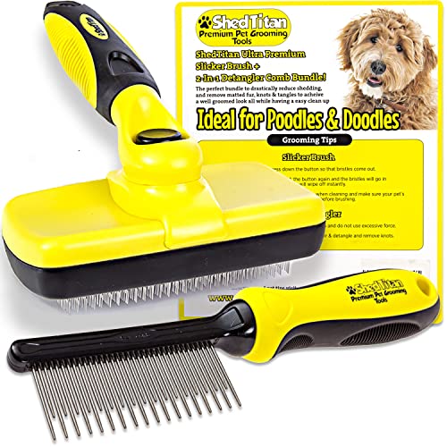ShedTitan Doodle Brush Slicker for Dogs - Self Cleaning Dog Brush for Poodles, Goldendoodle Grooming Kit with Detangler Comb