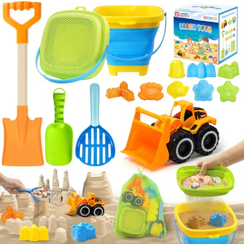 Collapsible Beach Sand Toys Set for Kids - Includes Bucket, Mesh Shovel, Filter Scooper & Castle Molds - Toddler Beach Toy...