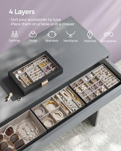 SONGMICS Stackable Jewelry Trays, 4-Tier Jewelry Box, Drawer Jewelry Organizer, with Glass Lid, Removable Dividers, for Va...